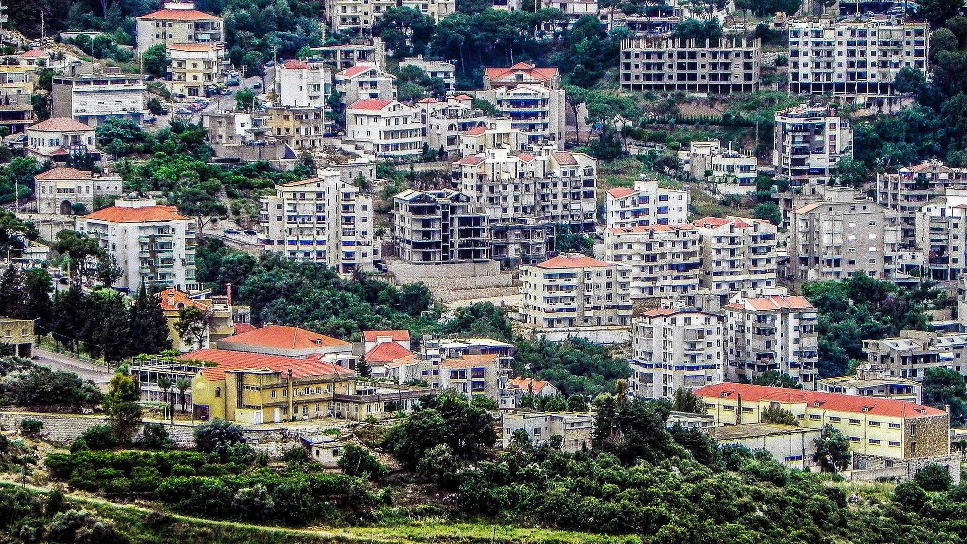 Hillside houses and trees in Ghazir, Lebanon